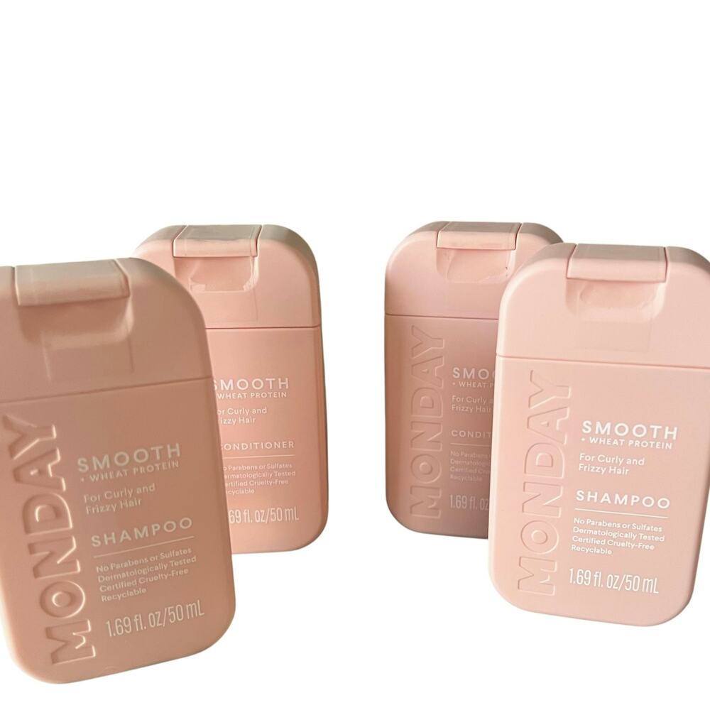 NEW MONDAY Smooth+Wheat Protein Mini Shampoo Conditioner 1.69 OZ Travel 4Pk